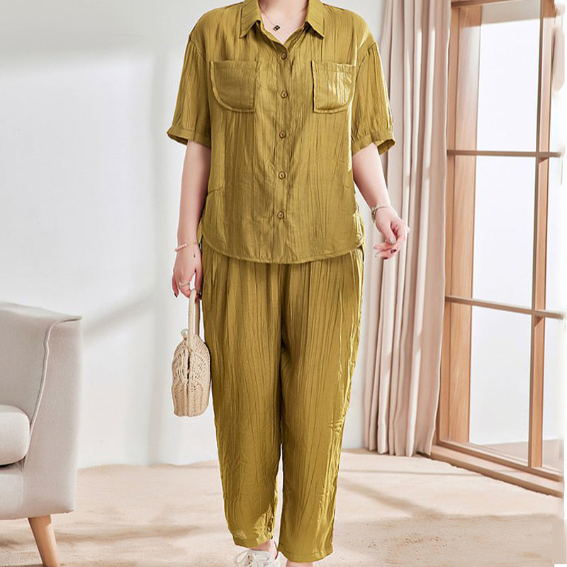 Casual Solid Color Short Sleeve Shirt & Ankle Pants 2 Piece Set