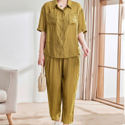 Casual Solid Color Short Sleeve Shirt & Ankle Pants 2 Piece Set