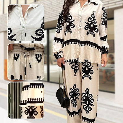 Fashion Casual Printed Top and Trousers Suit for Plus Size Women