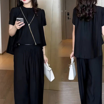 Elegant Solid Color Top Loose Pants 2-Piece Set