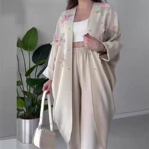 Women’s Casual Delicate Flower Long Cardigan and Pants Set