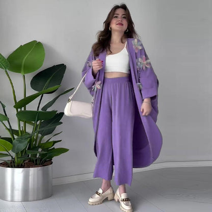 Women’s Casual Delicate Flower Long Cardigan and Pants Set