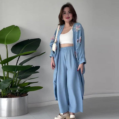 Women’s Casual Delicate Flower Long Cardigan and Pants Set