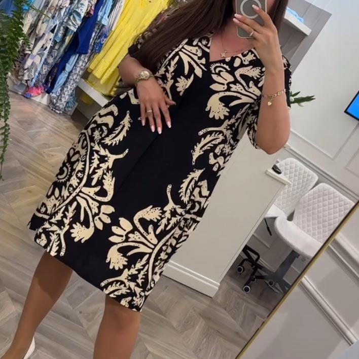 Women’s Casual Printed V-neck Dress with Pocket