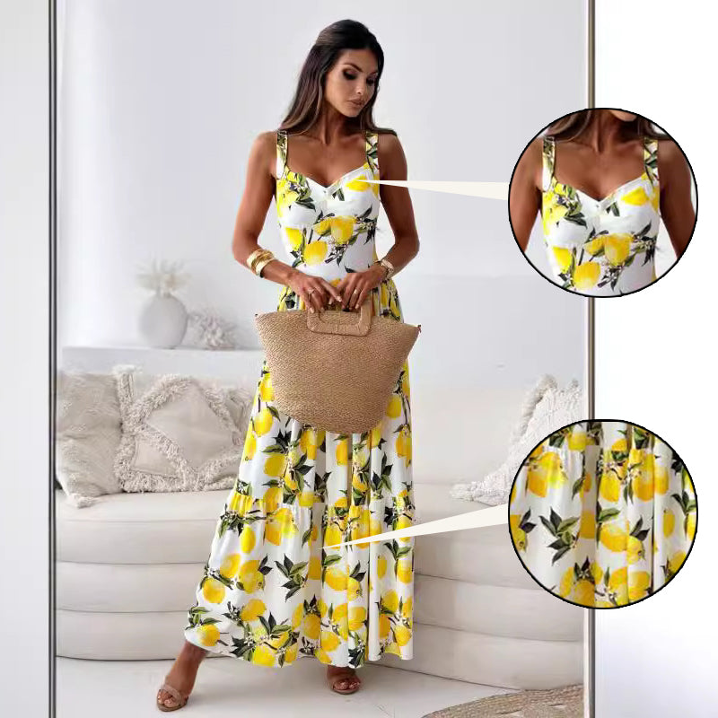 💕60% Off🍋Women’s Elegant Lemon Print Spaghetti Strap Flowy Long Dress