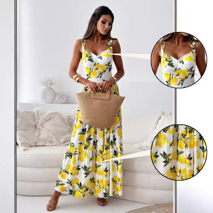 💕60% Off🍋Women’s Elegant Lemon Print Spaghetti Strap Flowy Long Dress