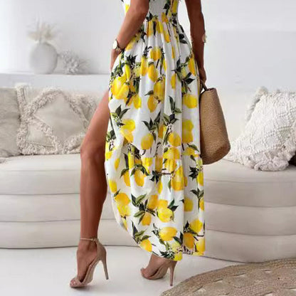 💕60% Off🍋Women’s Elegant Lemon Print Spaghetti Strap Flowy Long Dress