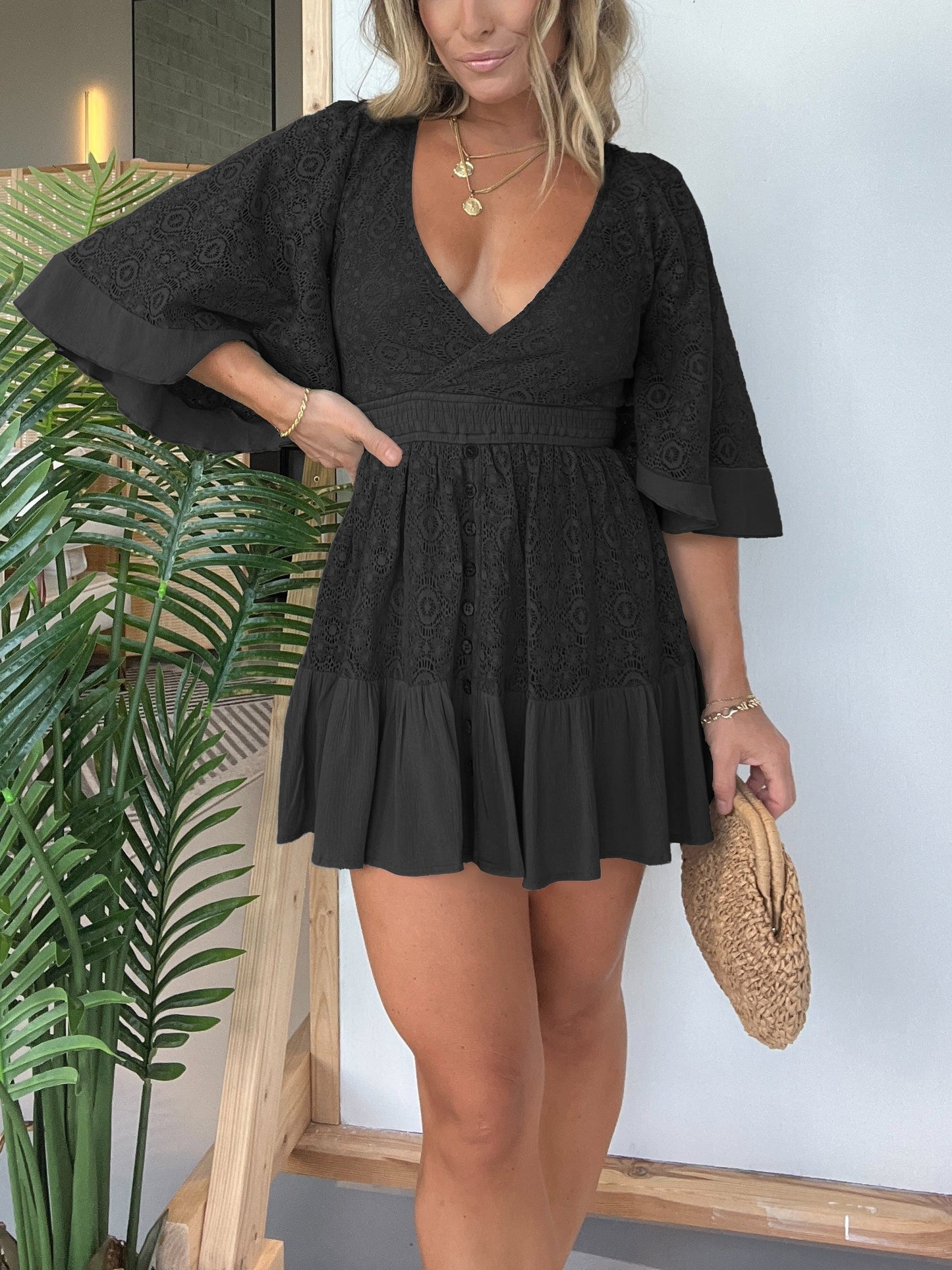 Open Back Lace Crochet Romper Dress