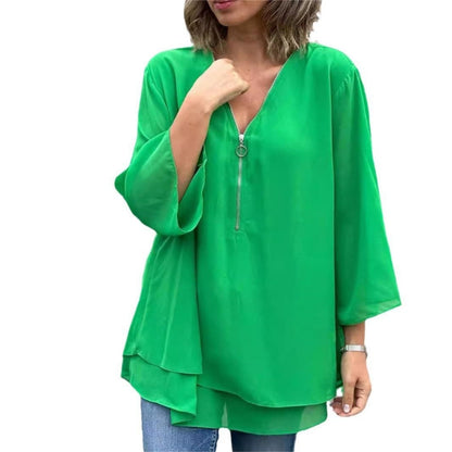 Double-Layer V-neck Zipper 3/4 Sleeves Soft Tops