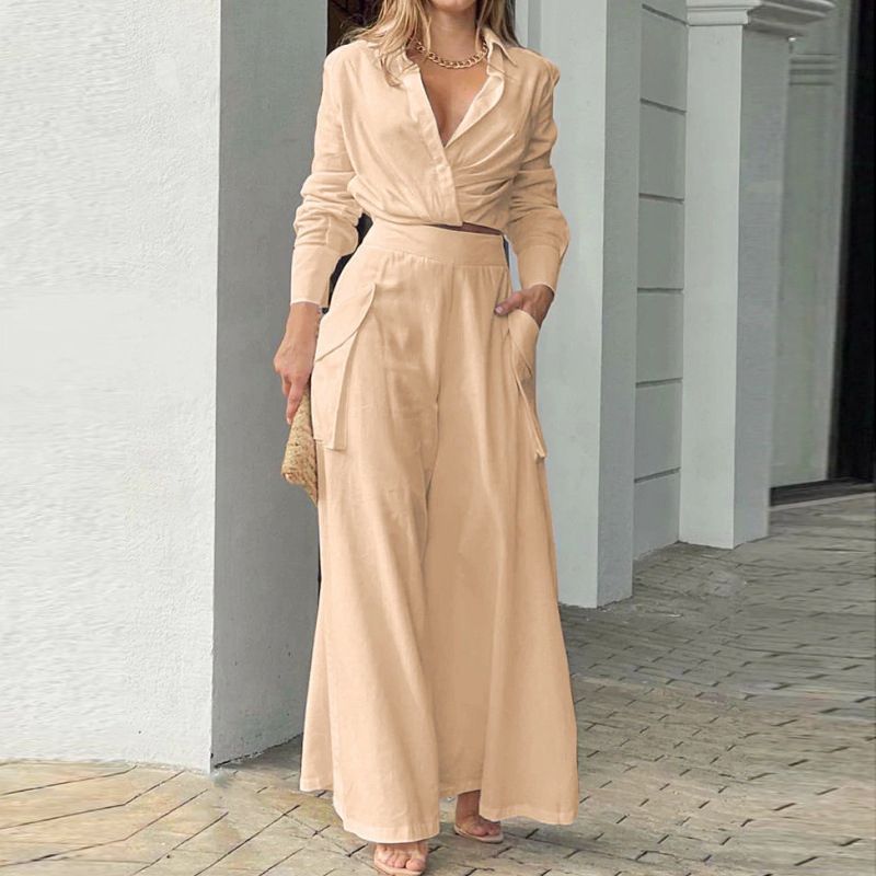 Elegant two-piece set: long-sleeved top with cuffs and high-waisted pants