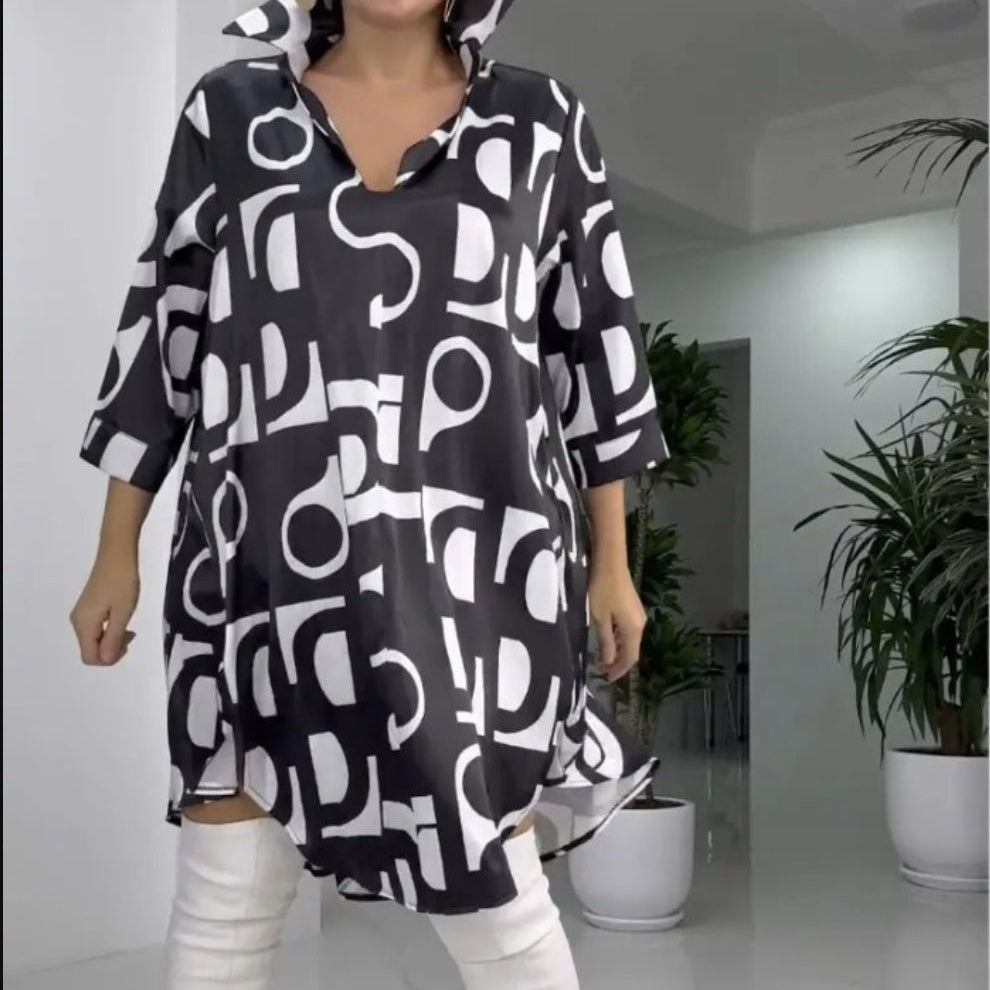 💥Limit Time 50% OFF 💕Fashion Printed V-Neck Lapel Collar Shirt Dress