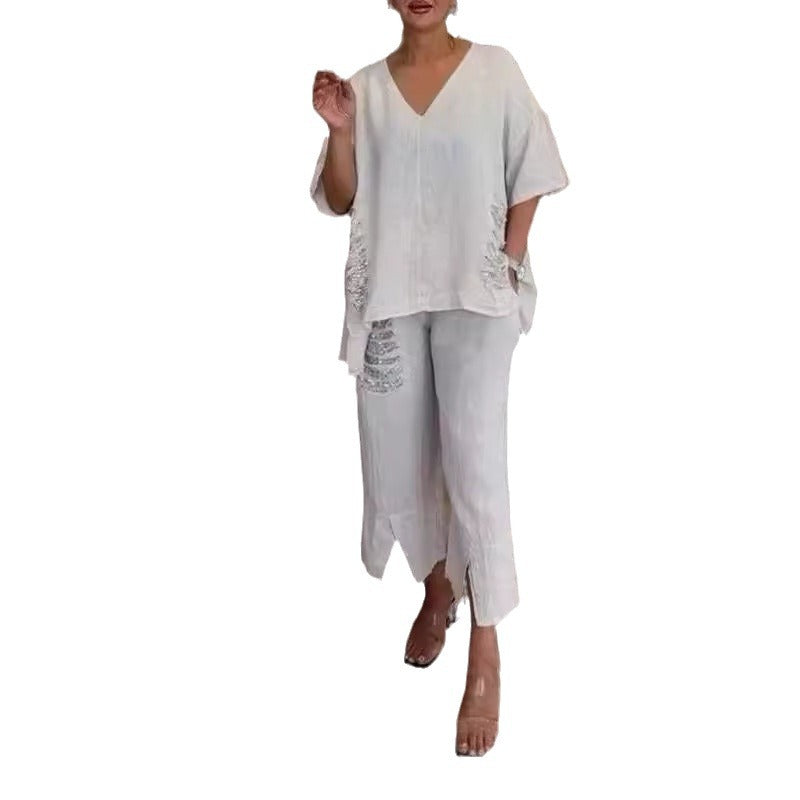 💥Limit Time 47% OFF 💕Women's Cotton Linen V-Neck 2-Piece Set