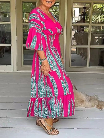 🔥Casual Print V-Neck Waist Wrap Long Dress