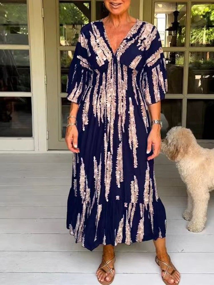 🔥Casual Print V-Neck Waist Wrap Long Dress