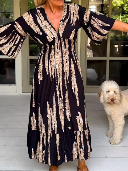 🔥Casual Print V-Neck Waist Wrap Long Dress