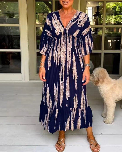 🔥Casual Print V-Neck Waist Wrap Long Dress