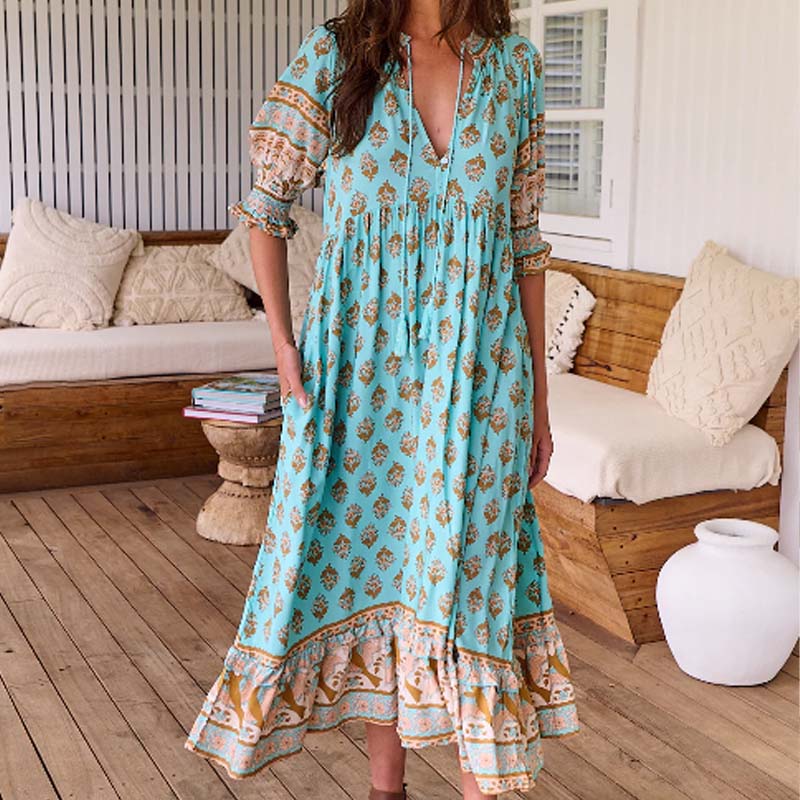 Boho Floral V Neck High Waist A-Line Swing Dress - Buy 2 Free Shipping✈️✈️