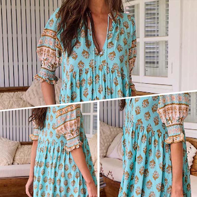 Boho Floral V Neck High Waist A-Line Swing Dress - Buy 2 Free Shipping✈️✈️