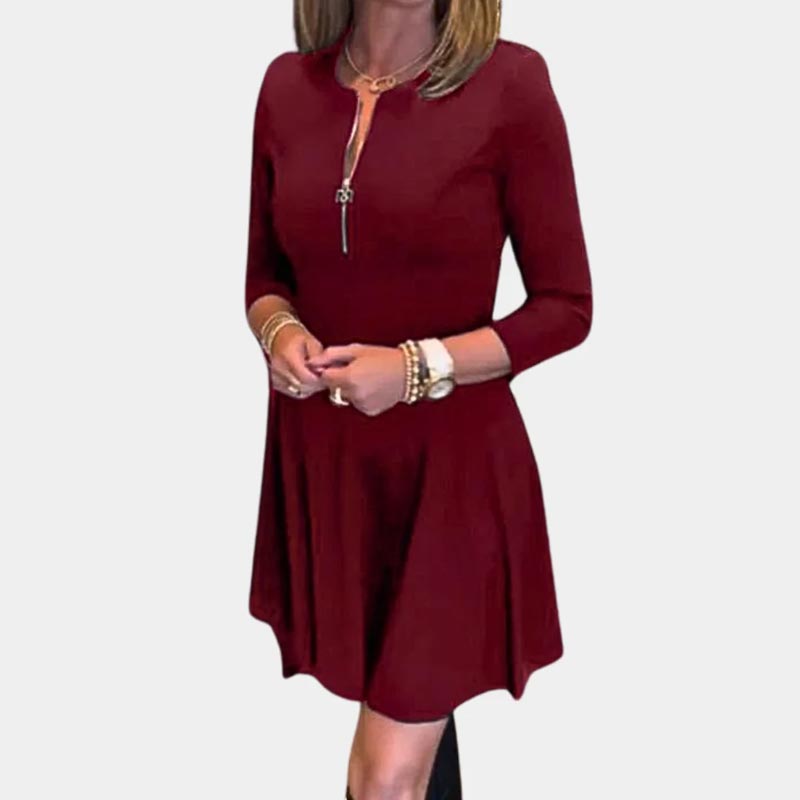 Women’s Elegant Half-zip Round Neck Dress in Solid Color