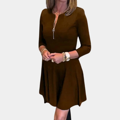 Women’s Elegant Half-zip Round Neck Dress in Solid Color