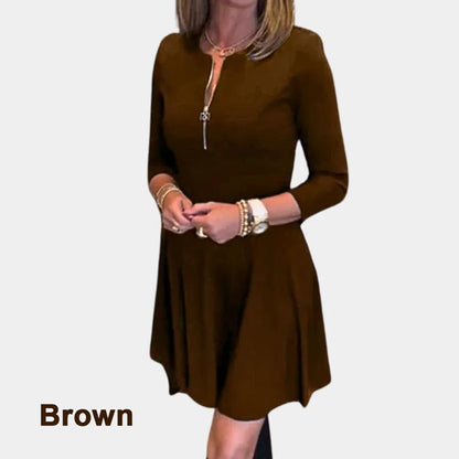 Women’s Elegant Half-zip Round Neck Dress in Solid Color