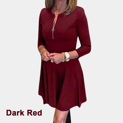 Women’s Elegant Half-zip Round Neck Dress in Solid Color