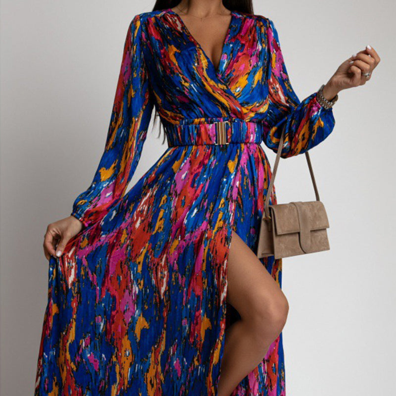 🔥Limited Time 50% OFF🔥Women's Printed Long Sleeve V-Neck Split Dress