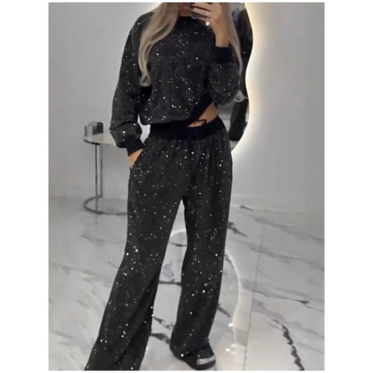 ✨Sequined Loose Fit Top and Wide Leg Pants (2-Piece Set)