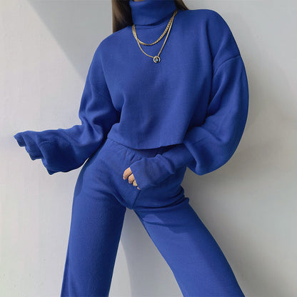 Women's Long-sleeve High Neck Crop Top and Pants Set