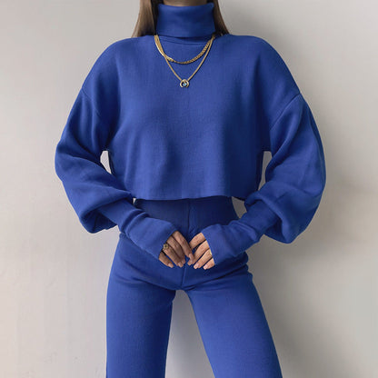 Women's Long-sleeve High Neck Crop Top and Pants Set