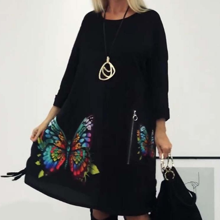 🎉Hot Sale🎉Women's Loose Butterfly Print Round Neck Dress