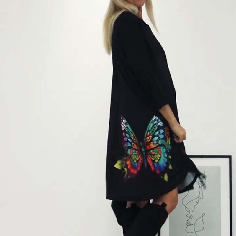 🎉Hot Sale🎉Women's Loose Butterfly Print Round Neck Dress