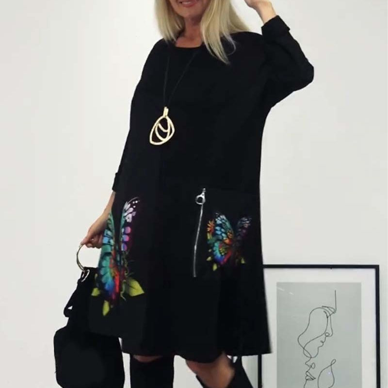 🎉Hot Sale🎉Women's Loose Butterfly Print Round Neck Dress