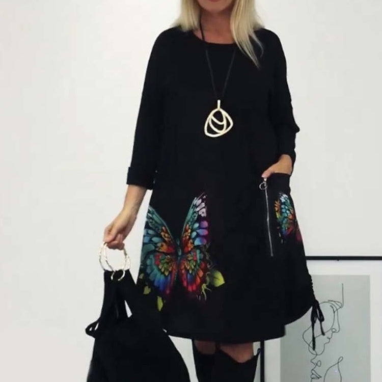 🎉Hot Sale🎉Women's Loose Butterfly Print Round Neck Dress