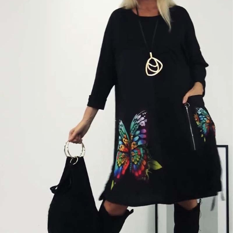 🎉Hot Sale🎉Women's Loose Butterfly Print Round Neck Dress