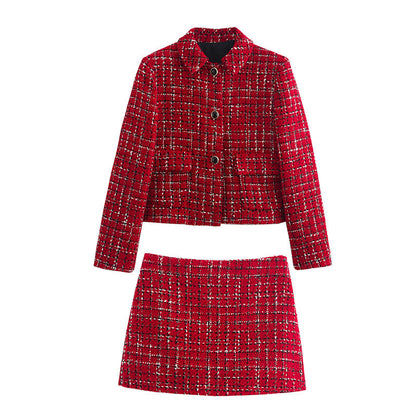 Warm Plaid Blazer and High-Waisted Skort 2 PCS Set