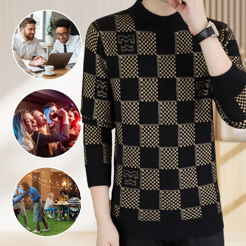 Men‘s Plaid Printed Half High Neck Thickened Pullover Sweater