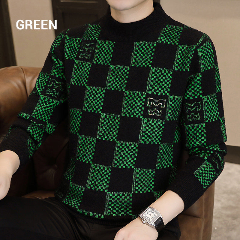 Men‘s Plaid Printed Half High Neck Thickened Pullover Sweater