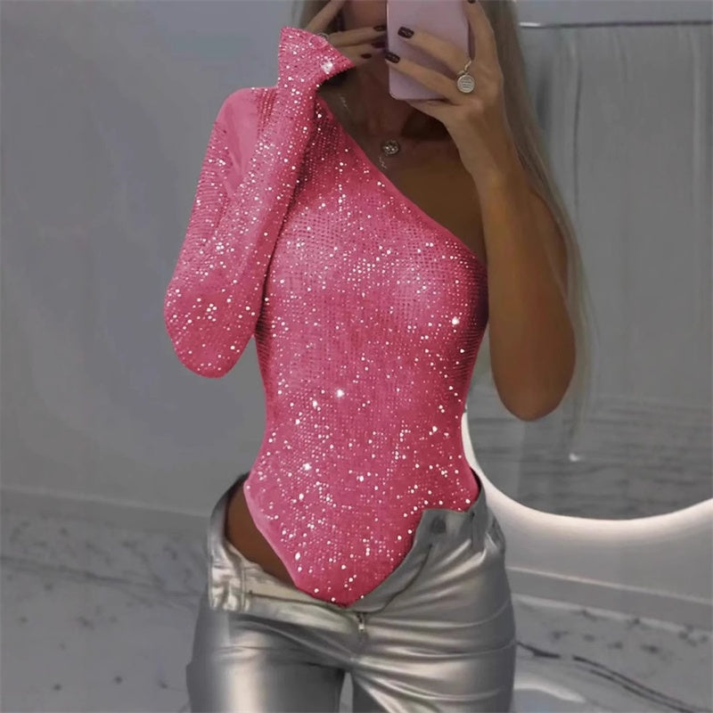 🎉👗The Summer Hot Sale 50% OFF 🛍️Women's One Shoulder Sequin Bodysuit