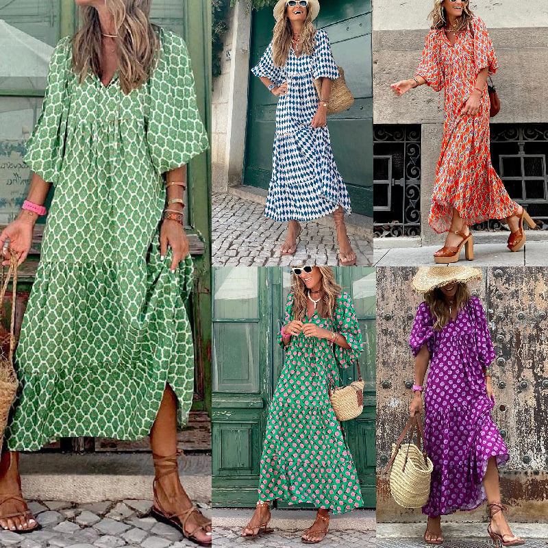 🎊Big price reduction🎊2025 Popular Women's Elegant Puff Sleeve Floral Boho Maxi Dress
