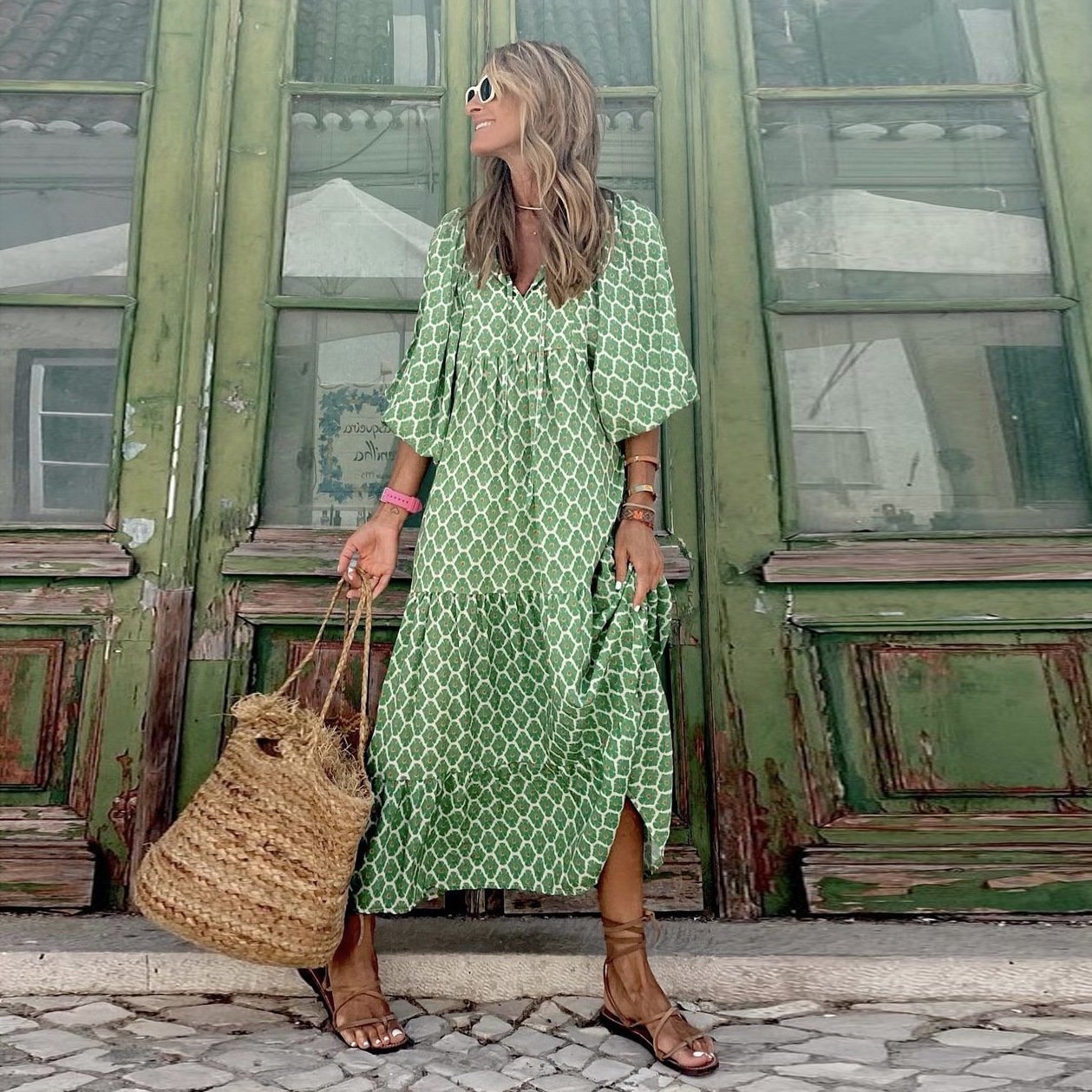 🎊Big price reduction🎊2025 Popular Women's Elegant Puff Sleeve Floral Boho Maxi Dress