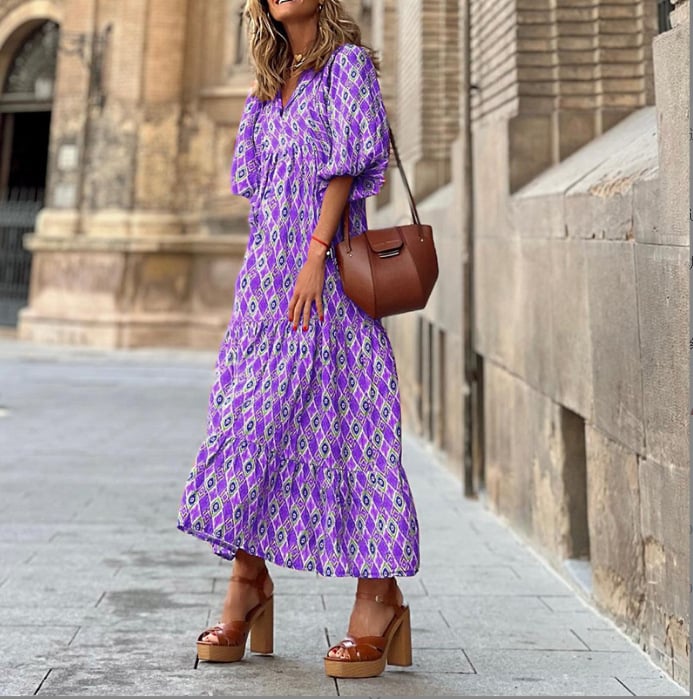 🎊Big price reduction🎊2025 Popular Women's Elegant Puff Sleeve Floral Boho Maxi Dress