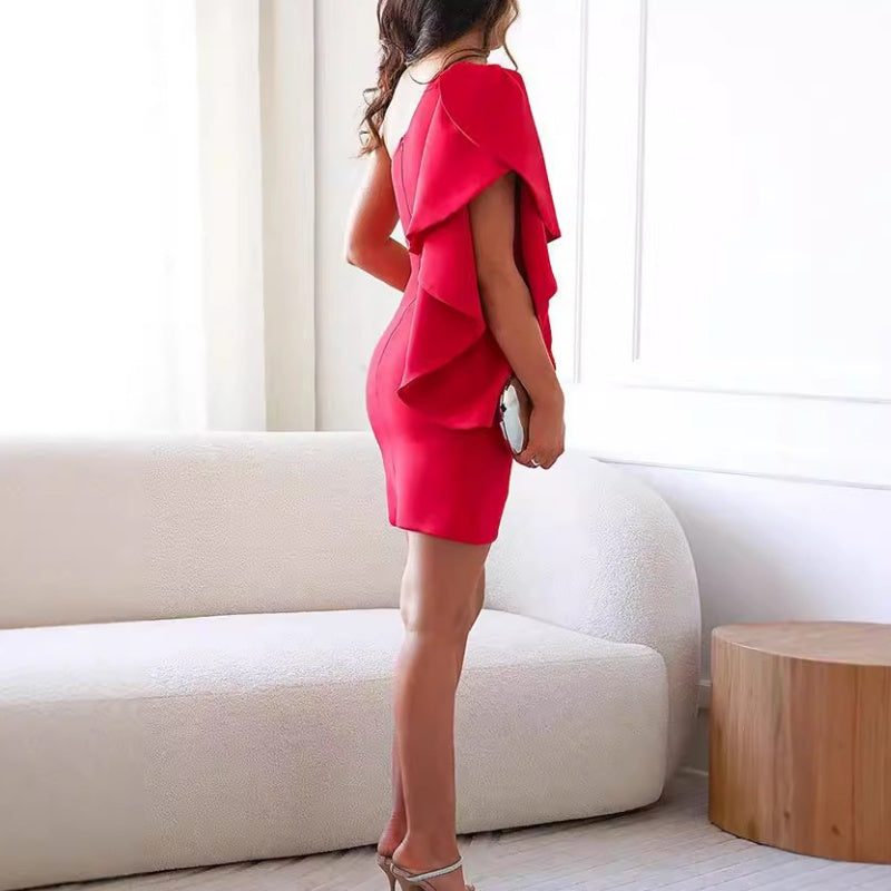🔥👗2025 Hot sale🌸Women's One Shoulder Ruffle Sleeve Cocktail Dress