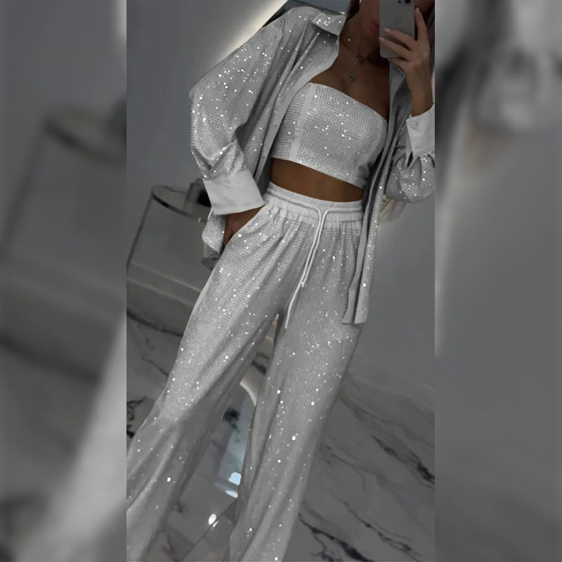 💕2025 HOT SALE—50%OFF 👠Must-Have for Shiny Partiest✨ Dazzling Blazer & Wide-Leg Pants, Stylish and Grand, Perfect for Parties! (3-piece set)