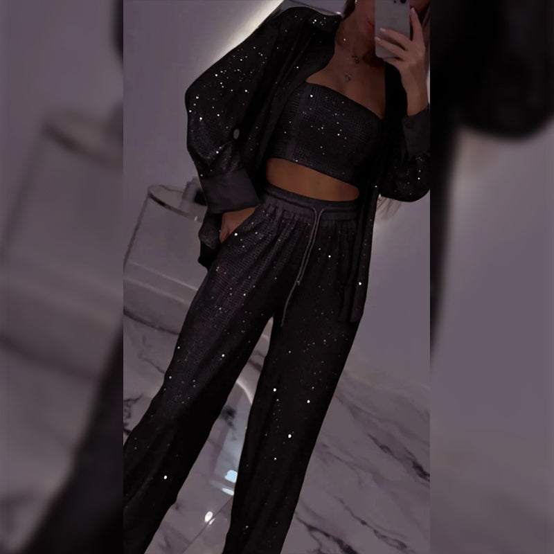 💕2025 HOT SALE—50%OFF 👠Must-Have for Shiny Partiest✨ Dazzling Blazer & Wide-Leg Pants, Stylish and Grand, Perfect for Parties! (3-piece set)