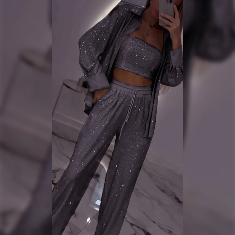 💕2025 HOT SALE—50%OFF 👠Must-Have for Shiny Partiest✨ Dazzling Blazer & Wide-Leg Pants, Stylish and Grand, Perfect for Parties! (3-piece set)