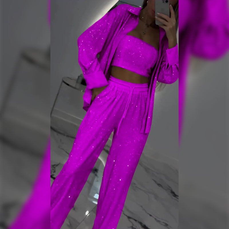 💕2025 HOT SALE—50%OFF 👠Must-Have for Shiny Partiest✨ Dazzling Blazer & Wide-Leg Pants, Stylish and Grand, Perfect for Parties! (3-piece set)