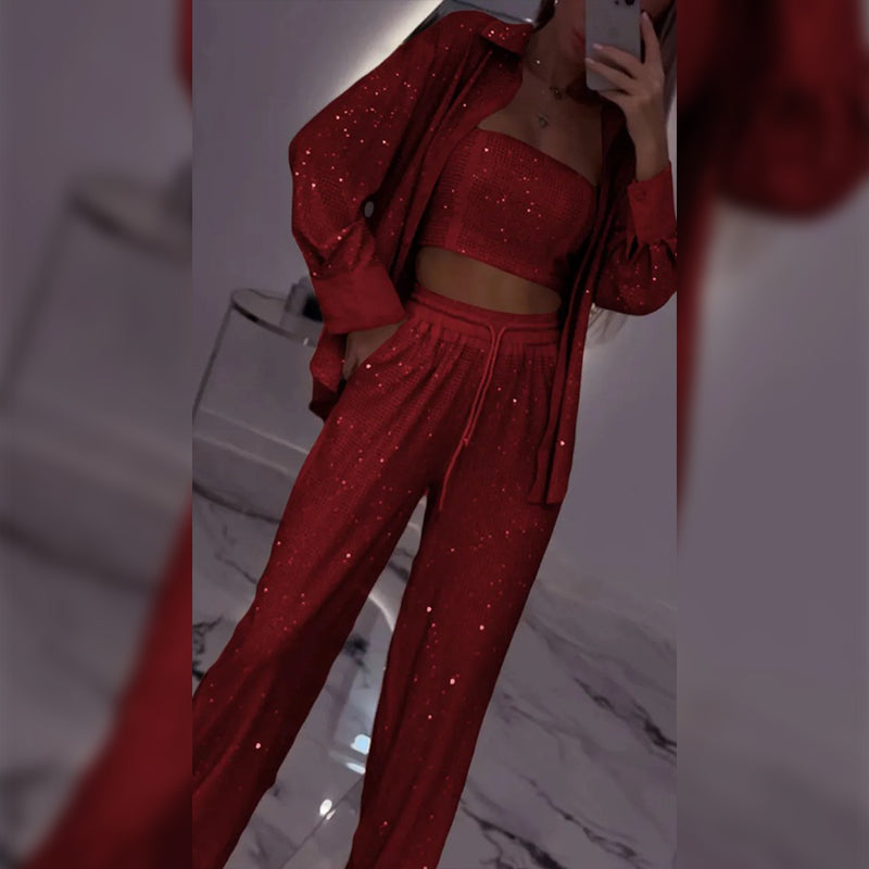 💕2025 HOT SALE—50%OFF 👠Must-Have for Shiny Partiest✨ Dazzling Blazer & Wide-Leg Pants, Stylish and Grand, Perfect for Parties! (3-piece set)
