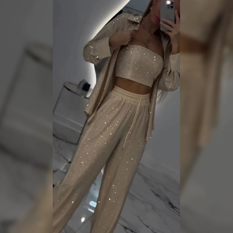 💕2025 HOT SALE—50%OFF 👠Must-Have for Shiny Partiest✨ Dazzling Blazer & Wide-Leg Pants, Stylish and Grand, Perfect for Parties! (3-piece set)