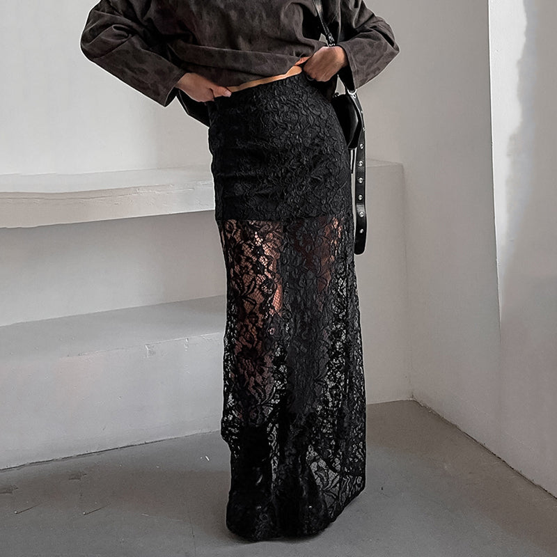 👗💃 Elegant Sheer Lace Maxi Skirt🌹 Graceful Flow, Lace Elegance, Showcasing Feminine Charm!